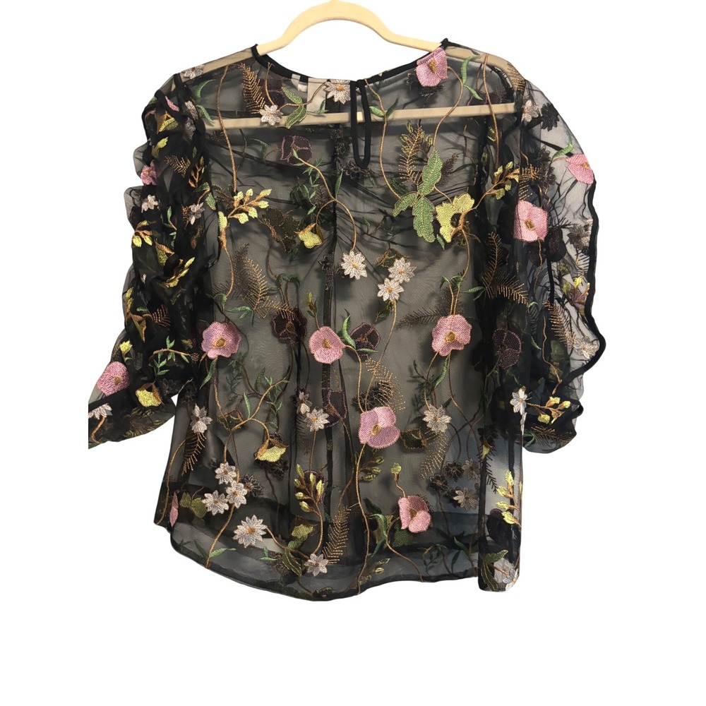 HM Black Sheer Mesh Floral Embroidered Puff Sleeve‎ Blouse Top US 12